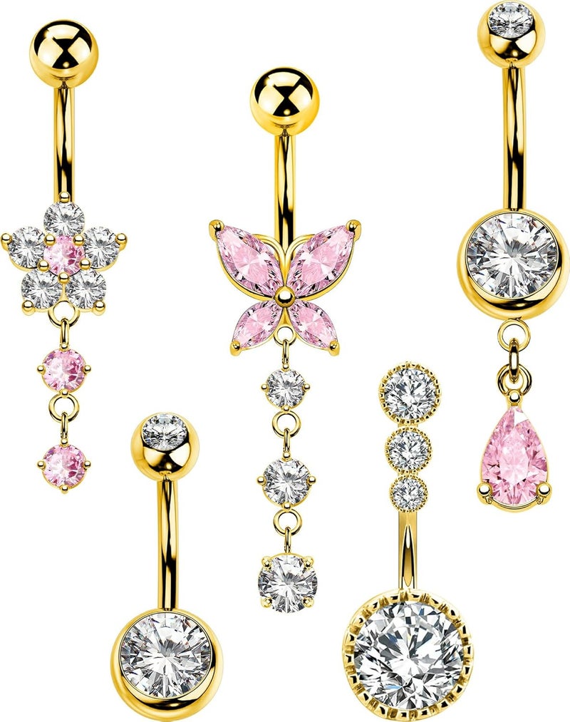 MS CUTE 5PCS Belly Button Rings for Women 14G Dangle Navel Piercing Jewelry Set Surgical Stainless Steel Body Jewelry with CZ Butterfly Flower Teardrop Barbell for Beach Festival Daily - Image 1